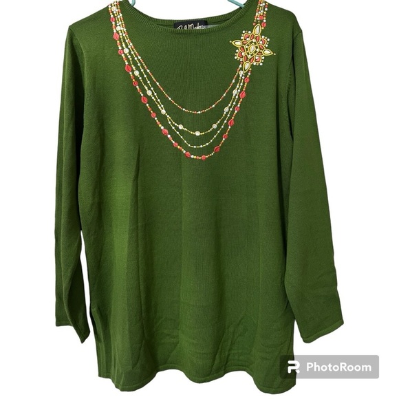 Bob Mackie Sweaters - Bob Mackie women’s small wearable art sweatshirt green embroidered necklace knit
